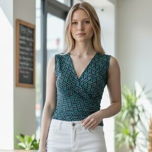 New York & Company STRETCH blue& black sleeveless summer wrap top (Size XS)